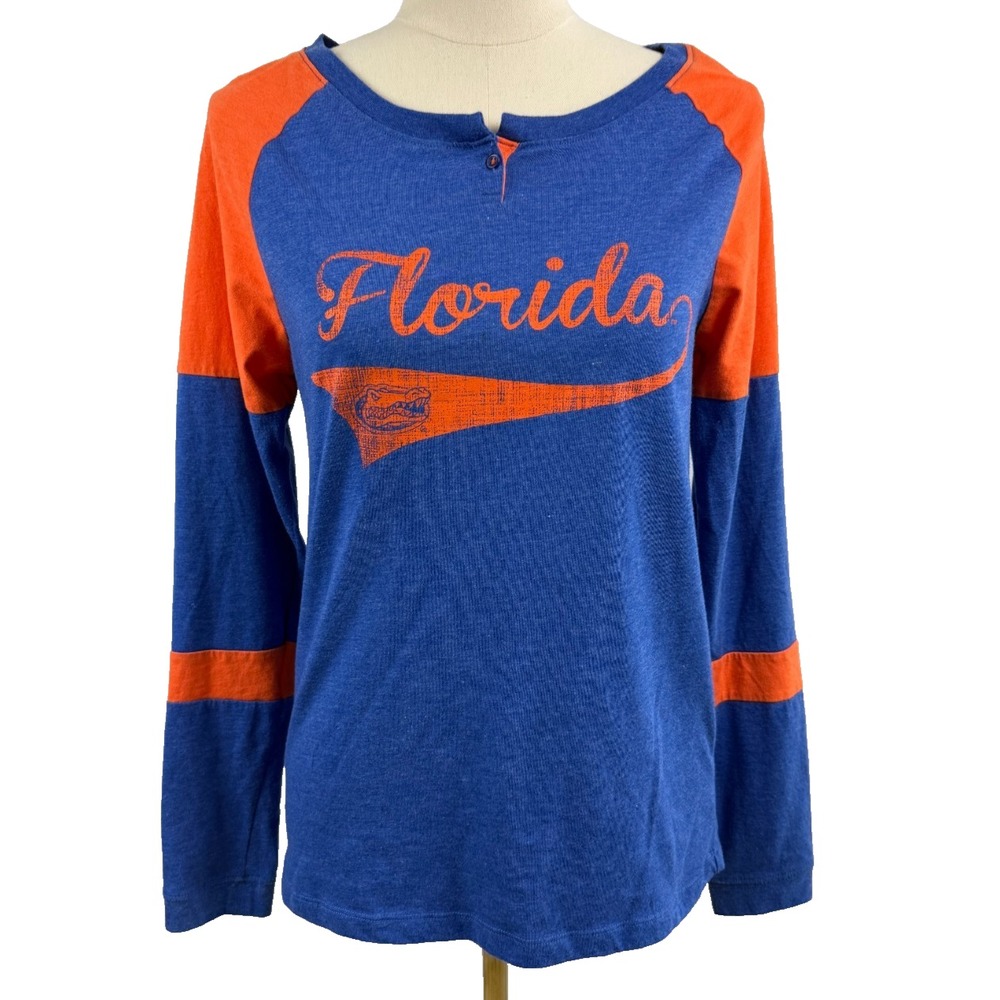 Colosseum Florida Gators Womens Medium Blue Orange Raglan Henley Long Sleeve Tee